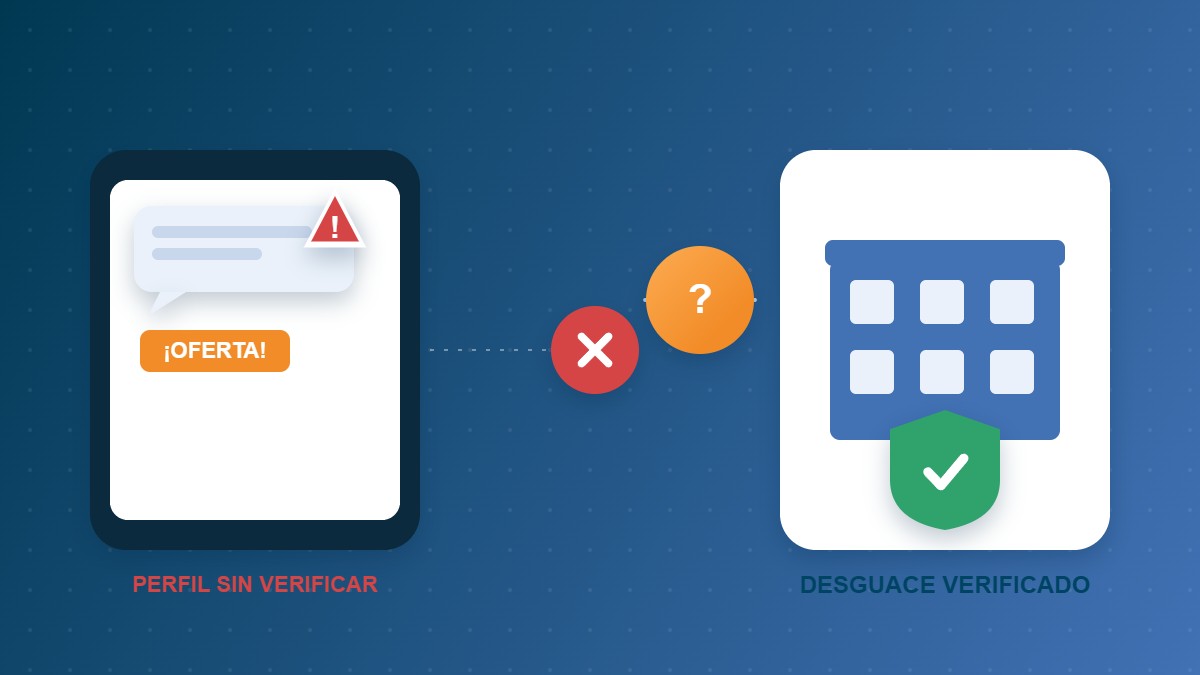 Comparación entre un perfil sin verificar que ofrece una pieza sospechosa y un desguace verificado con sello de confianza