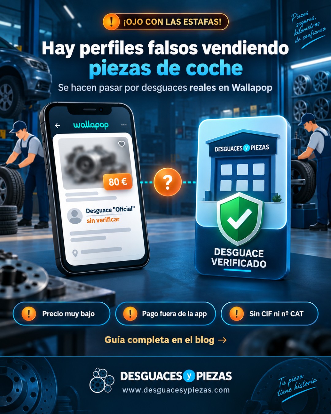 Aviso sobre perfiles falsos que venden piezas de coche haciéndose pasar por desguaces reales en Wallapop, y cómo comprar con garantías a través de un desguace verificado